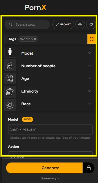 PornxX AI image generation options