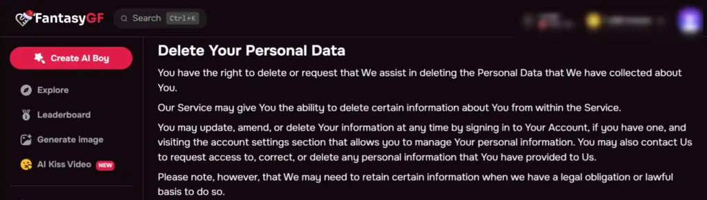 FantasyGF User Control & Data Deletion Policy